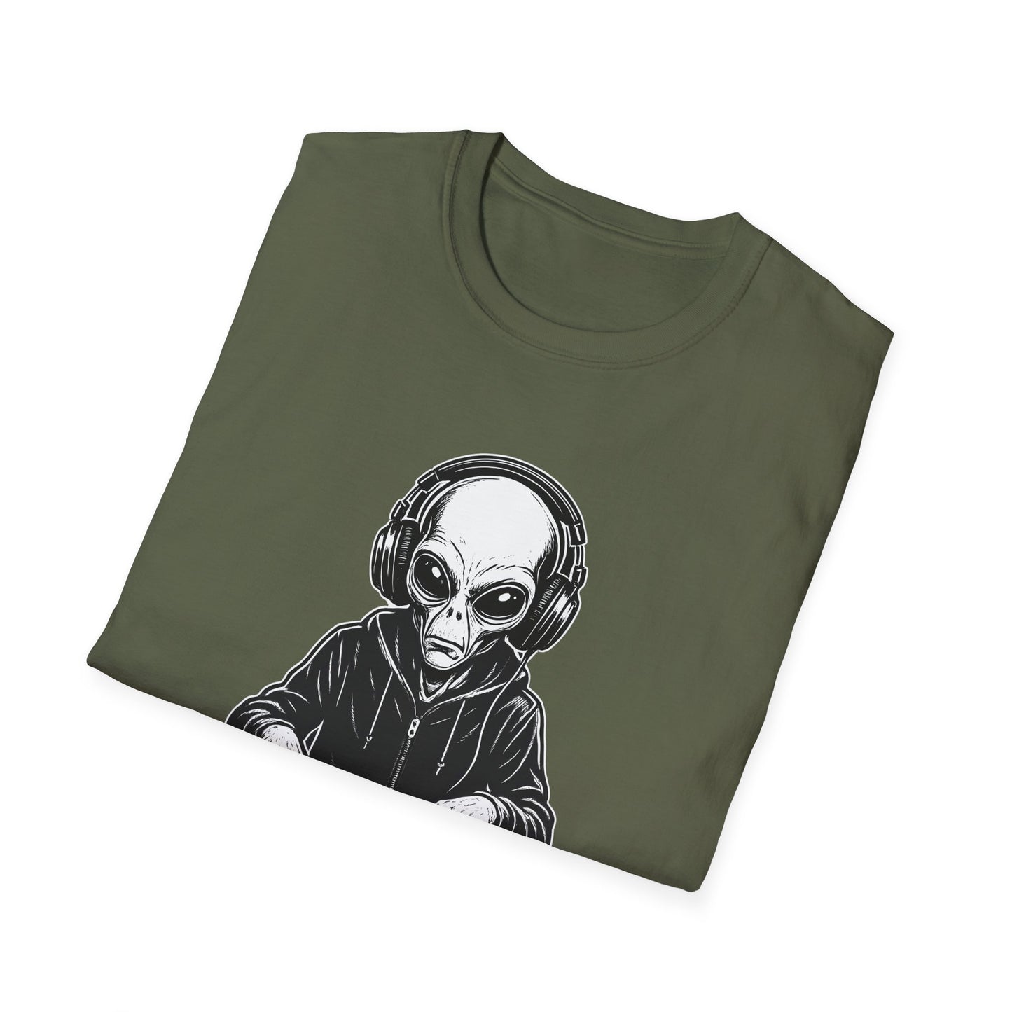 DJ Alien Graphic T-Shirt | Unisex Softstyle Tee for Music Lovers, Gifts for DJs, Cool Casual Wear, Festival Apparel, Unique Alien Design