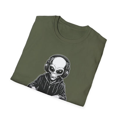 DJ Alien Graphic T-Shirt | Unisex Softstyle Tee for Music Lovers, Gifts for DJs, Cool Casual Wear, Festival Apparel, Unique Alien Design