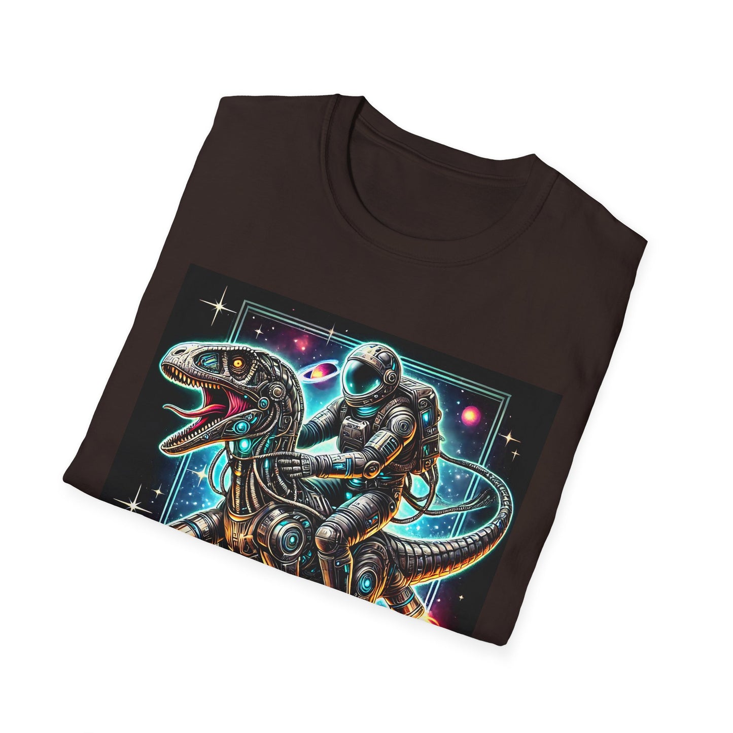 Cosmic Dinosaur Rider Softstyle T-Shirt | Fun Graphic Tee, Unique Gift, Space Lover Shirt, Sci-Fi Enthusiast Apparel