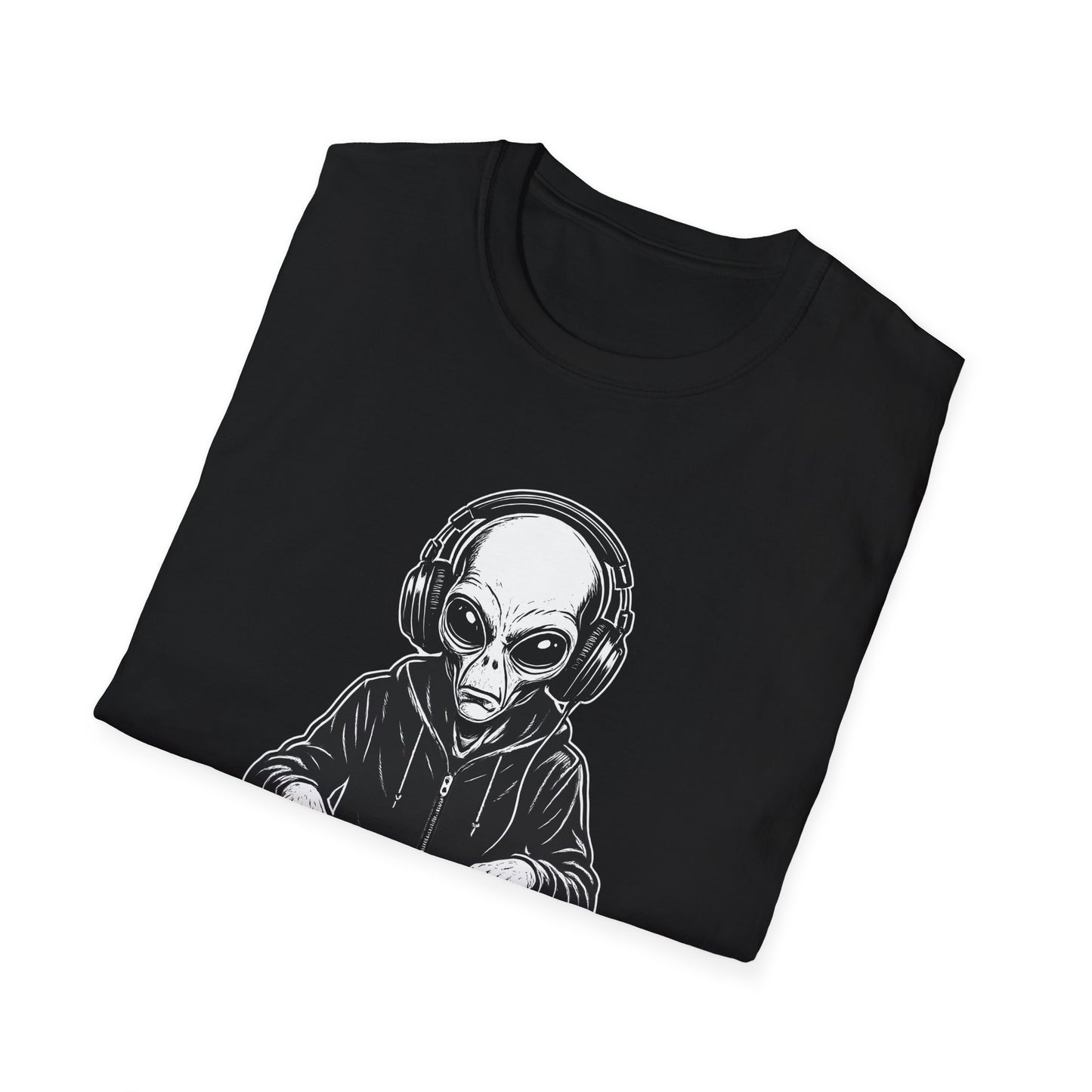 DJ Alien Graphic T-Shirt | Unisex Softstyle Tee for Music Lovers, Gifts for DJs, Cool Casual Wear, Festival Apparel, Unique Alien Design