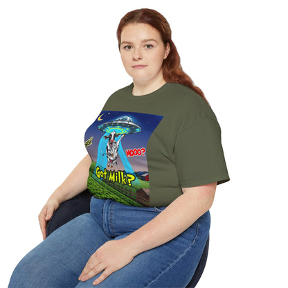 Got Milk? Funny Unisex Ultra Cotton Tee - Humorous Cow and UFO Design, graphic tee, t-shirts, tshirt, png, sublimation