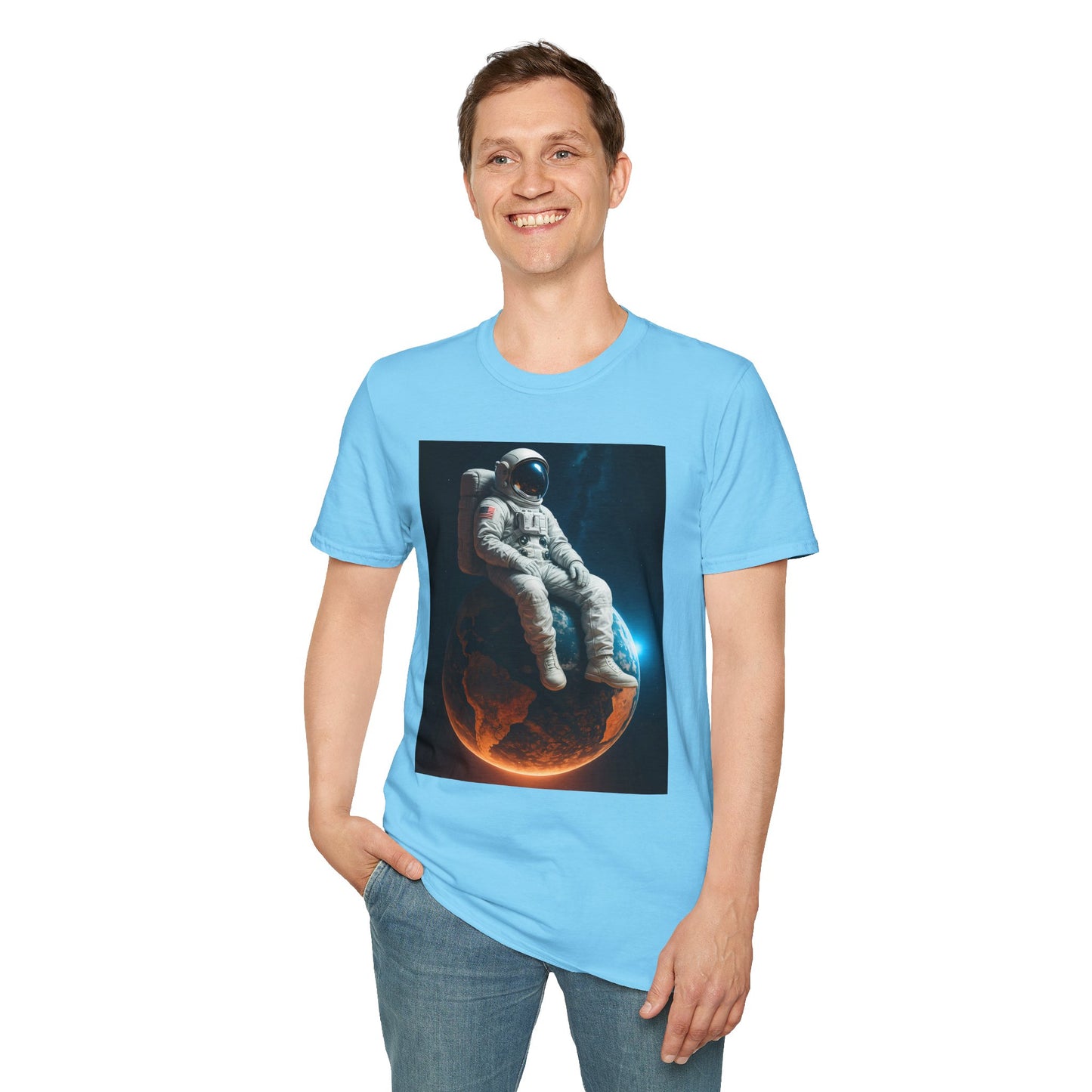 Sitting on an Earth, Cosmic Astronaut T-Shirt, Unisex Graphic Tee, Space Lover Gift, Casual Wear, Astronomy Fan Shirt, Graphic Tee, t-shirt, tshirt, png