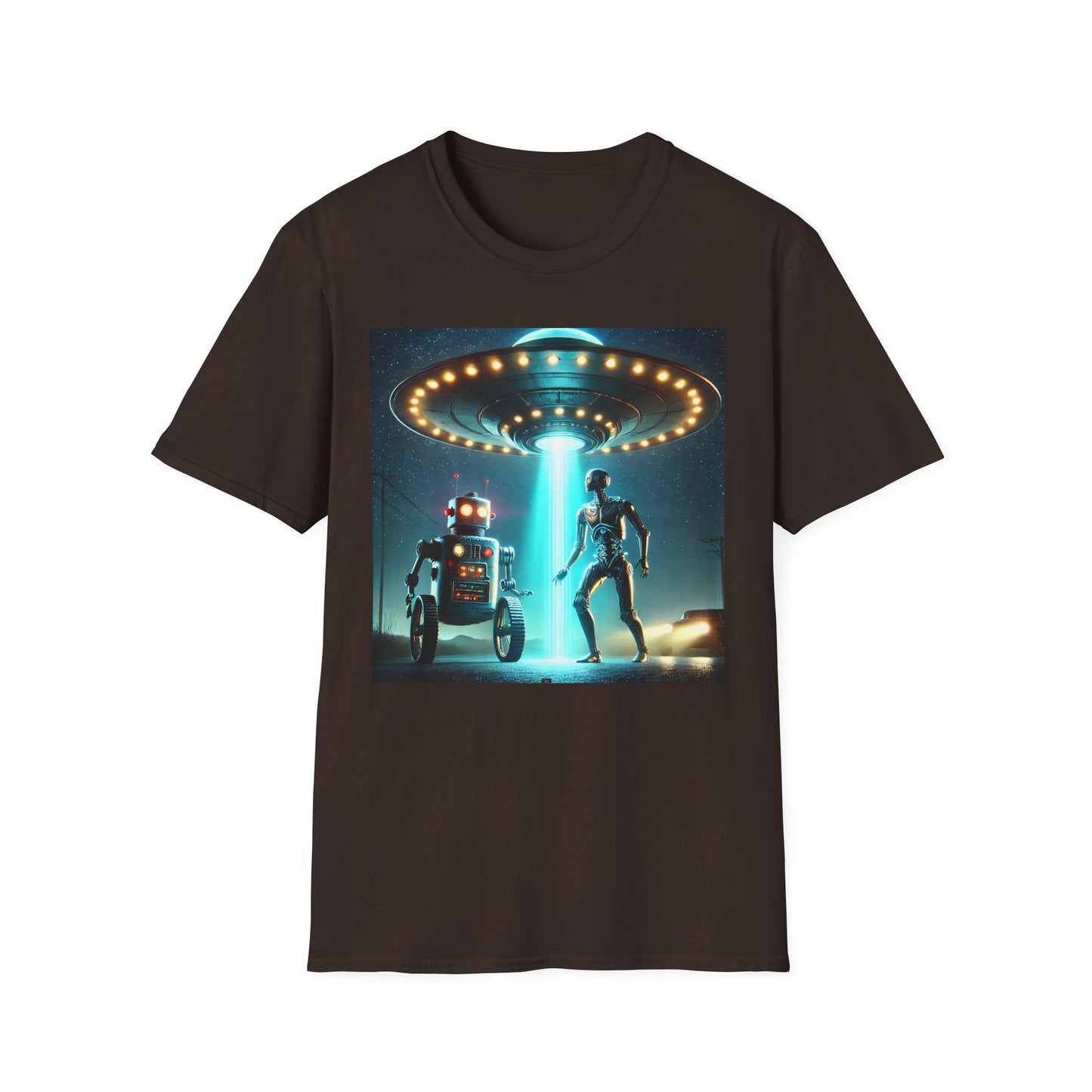 Alien Encounter Unisex Softstyle T-Shirt | Sci-Fi Fan Gift, Superhero Tee, UFO Shirt, Casual Wear, Unique Graphic T-Shirt