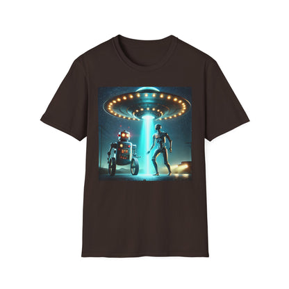 Alien Encounter Unisex Softstyle T-Shirt | Sci-Fi Fan Gift, Superhero Tee, UFO Shirt, Casual Wear, Unique Graphic T-Shirt