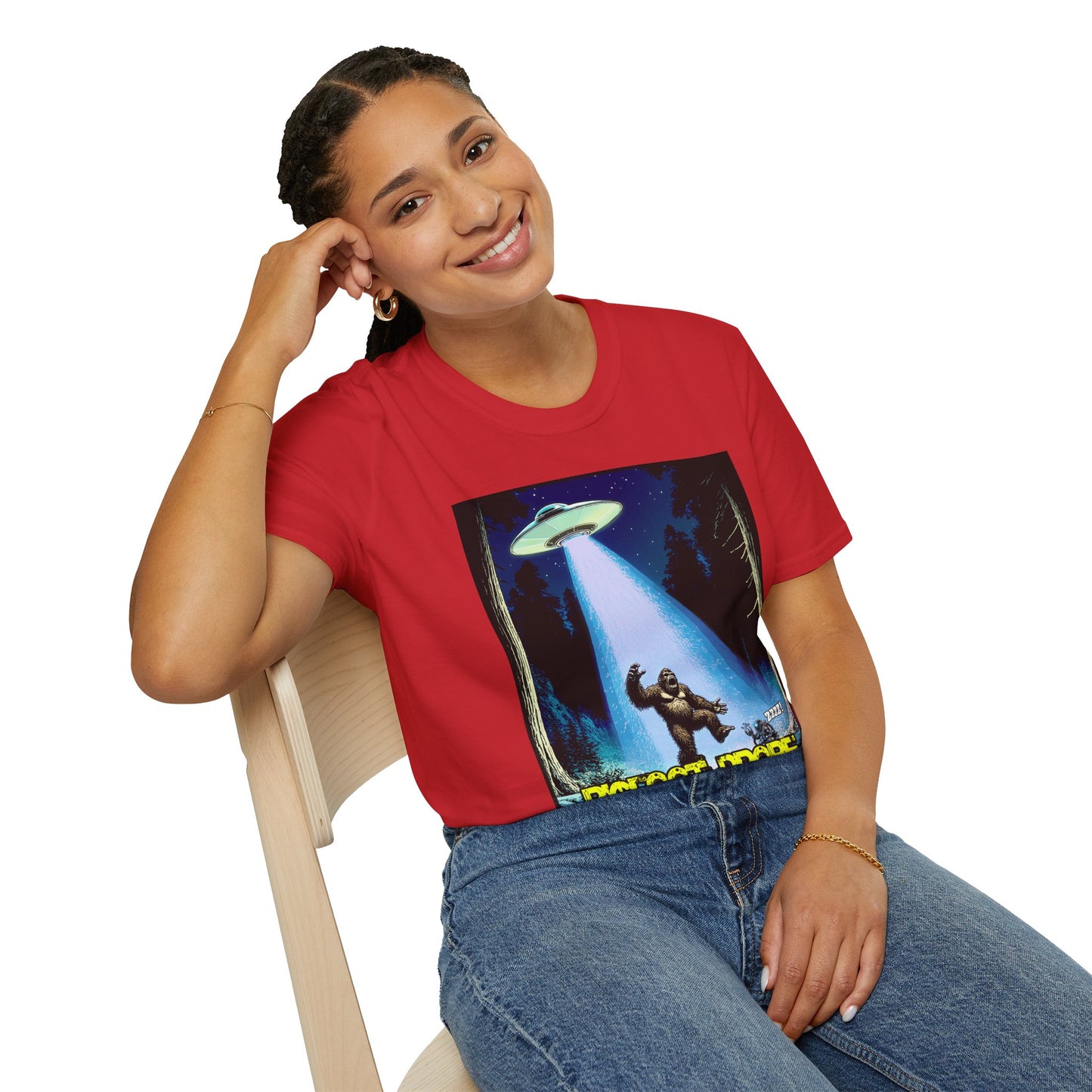 Bigfoot Probe Unisex Softstyle T-Shirt - Fun UFO Graphic Tee, Perfect Gift, Halloween, Nerd Culture, Outdoors, Alien, Graphic tees, t-shirts, Graphic design, t-shirts, tees