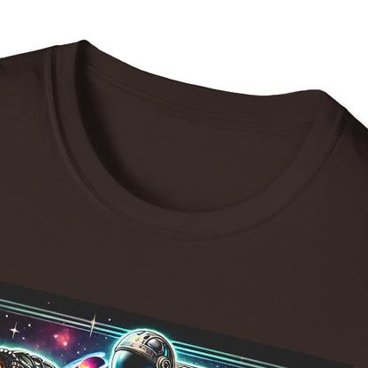 Cosmic Dinosaur Rider Softstyle T-Shirt | Fun Graphic Tee, Unique Gift, Space Lover Shirt, Sci-Fi Enthusiast Apparel