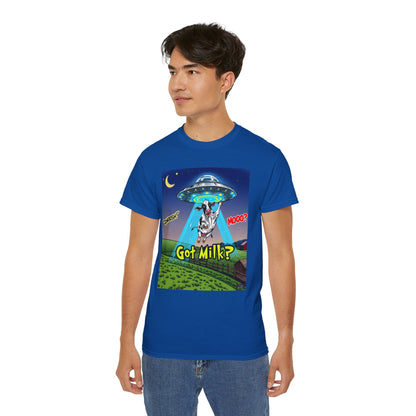 Got Milk? Funny Unisex Ultra Cotton Tee - Humorous Cow and UFO Design, graphic tee, t-shirts, tshirt, png, sublimation