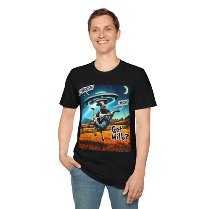 Funny Alien Cow T-Shirt - Got Milk? Unisex Soft style graphic Tee, UFO, galaxies, space, Blackhole, graphic design, png, sublimation
