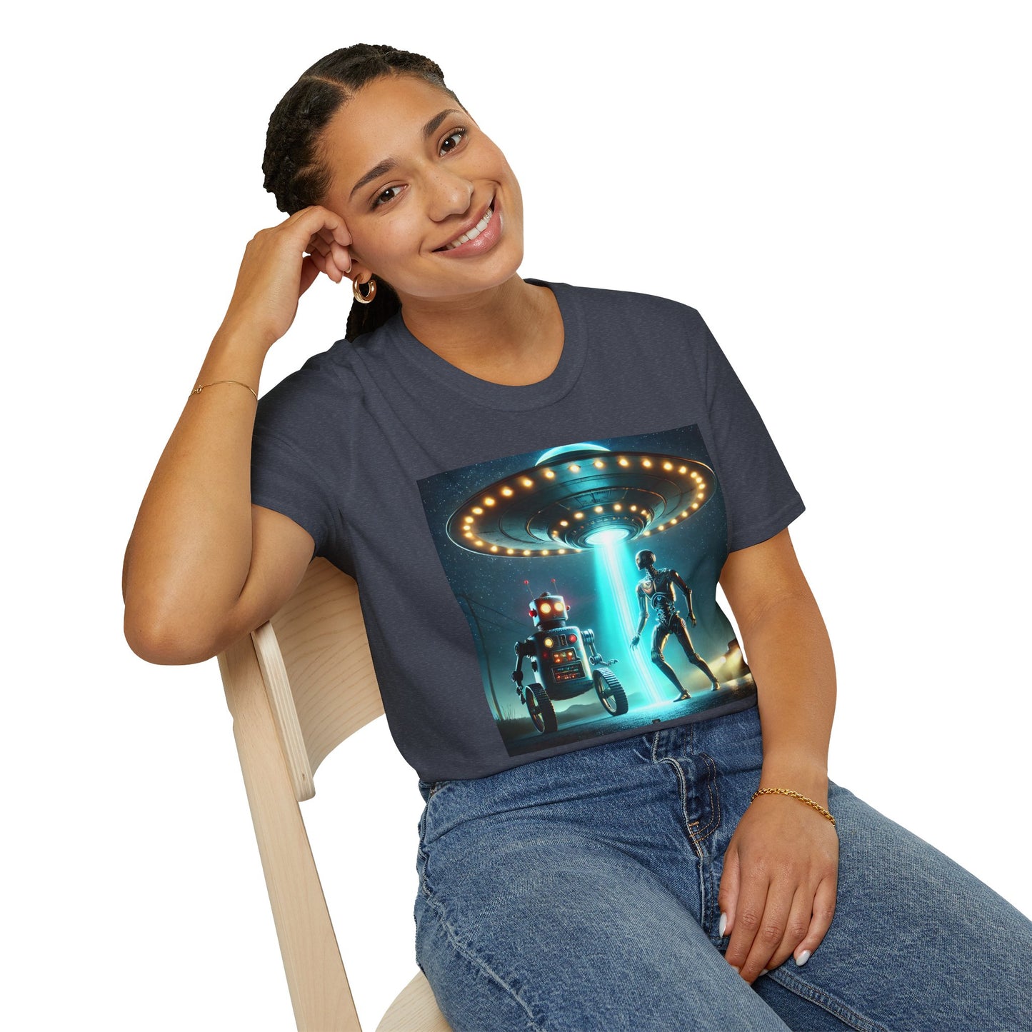 Alien Encounter Unisex Softstyle T-Shirt | Sci-Fi Fan Gift, Superhero Tee, UFO Shirt, Casual Wear, Unique Graphic T-Shirt