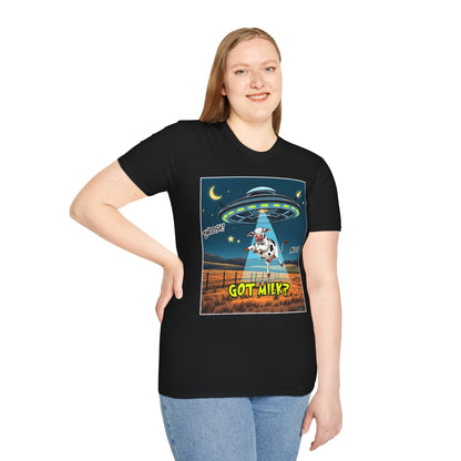 Got Milk? Cow UFO Unisex Softstyle T-Shirt – Fun Graphic Tee for Dairy Lovers, graphic tees, t-shirt, tshirt, graphic design, png