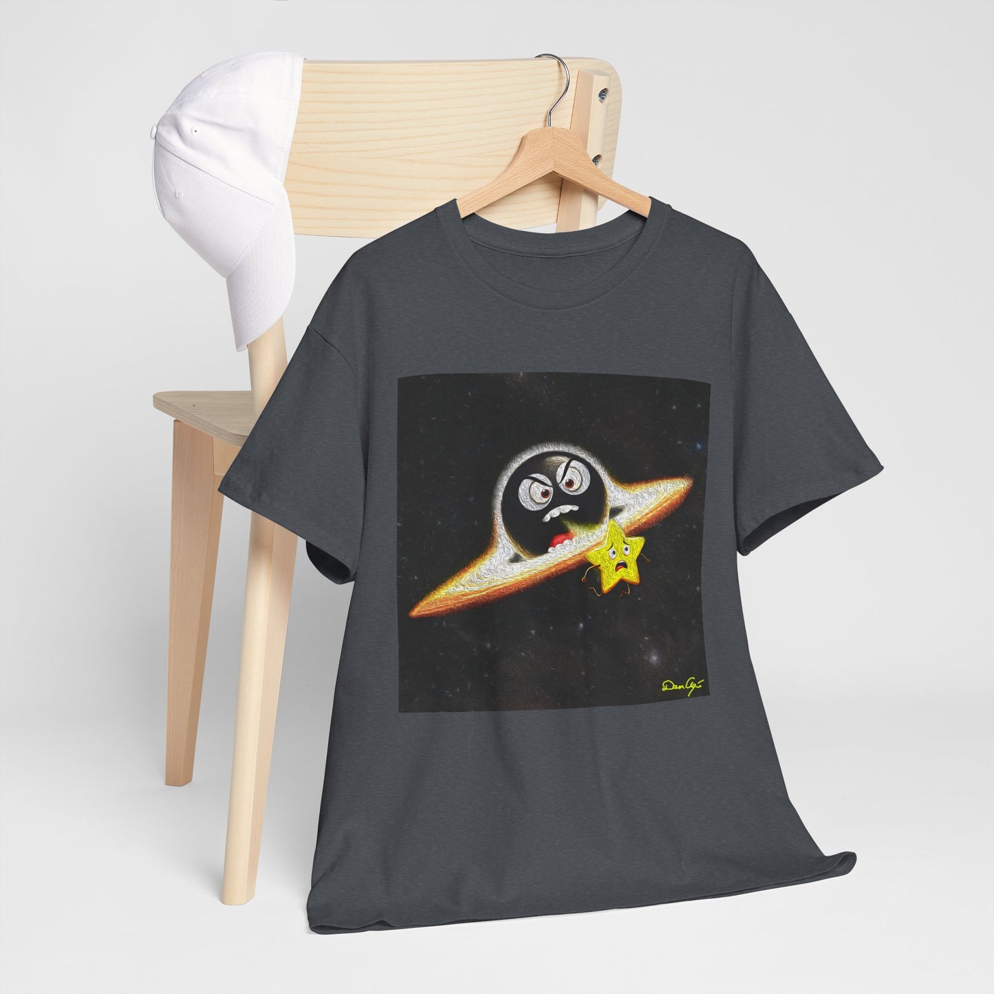 BlackHole Chasing Star, Space-Themed Unisex Heavy Cotton Tee with Cartoon Penguin Design, graphic design, png