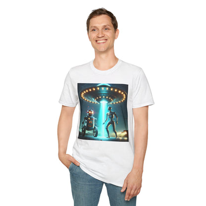Alien Encounter Unisex Softstyle T-Shirt | Sci-Fi Fan Gift, Superhero Tee, UFO Shirt, Casual Wear, Unique Graphic T-Shirt