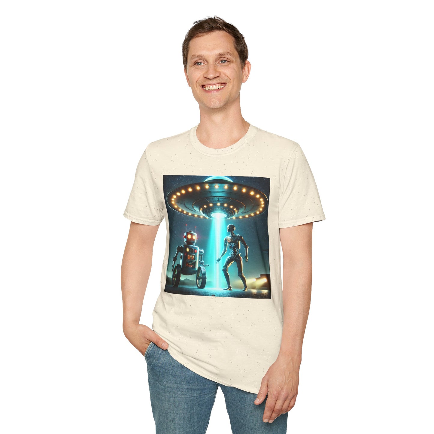 Alien Encounter Unisex Softstyle T-Shirt | Sci-Fi Fan Gift, Superhero Tee, UFO Shirt, Casual Wear, Unique Graphic T-Shirt