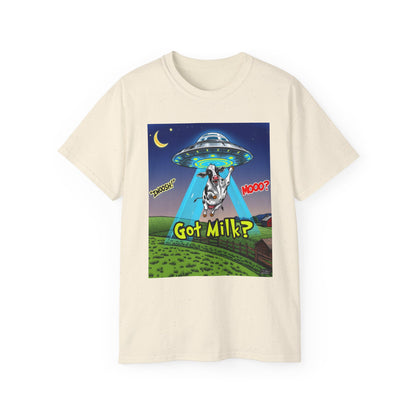Got Milk? Funny Unisex Ultra Cotton Tee - Humorous Cow and UFO Design, graphic tee, t-shirts, tshirt, png, sublimation