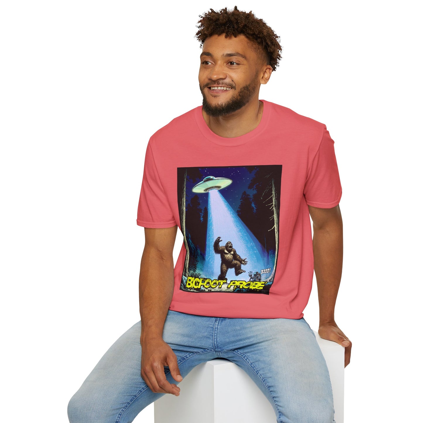 Bigfoot Probe Unisex Softstyle T-Shirt - Fun UFO Graphic Tee, Perfect Gift, Halloween, Nerd Culture, Outdoors, Alien, Graphic tees, t-shirts, Graphic design, t-shirts, tees