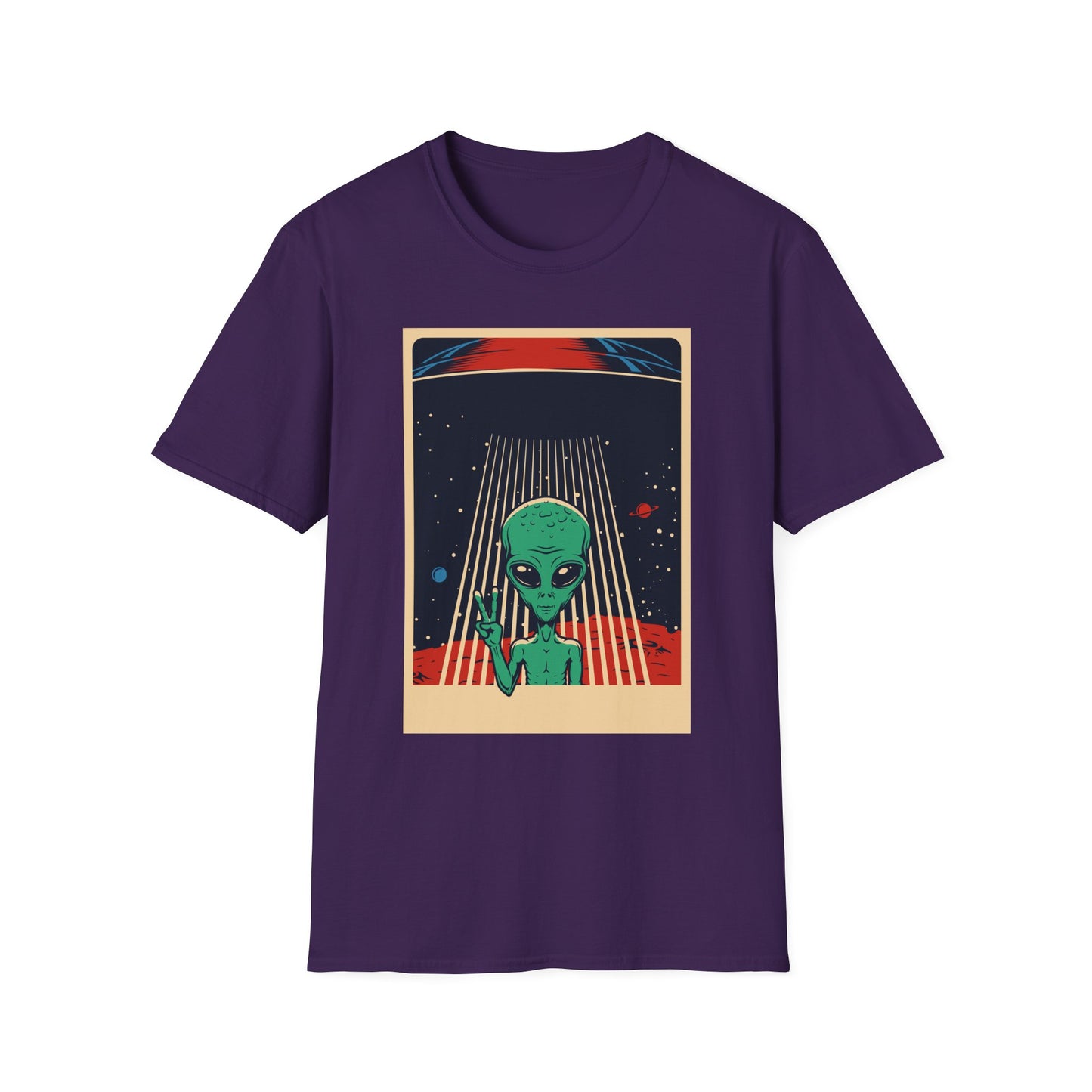 Cosmic Alien Peace Unisex Softstyle T-Shirt, Vintage UFO Tee, Space Lover Gift, Sci-Fi Fan Shirt, Trendy Graphic Tee, GraphicTees, t-shirts