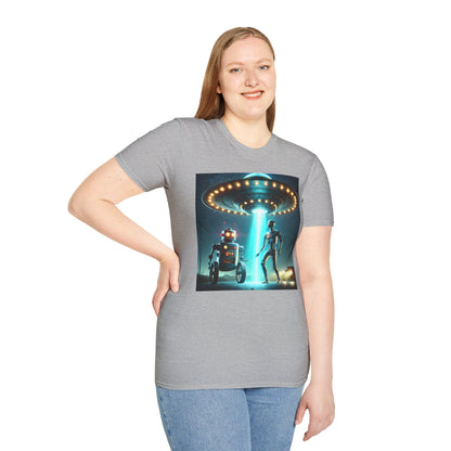 Alien Encounter Unisex Softstyle T-Shirt | Sci-Fi Fan Gift, Superhero Tee, UFO Shirt, Casual Wear, Unique Graphic T-Shirt