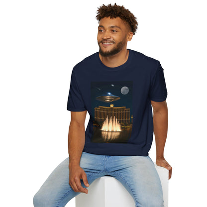 UFO over Las Vegas, Cosmic Vibes Unisex T-Shirt - UFO & Moon Design, Relaxed Fit Tee for Space Lovers, Gift for Sci-Fi Fans, Casual Wear, Everyday Essentials, t-shirt, tshirt, png