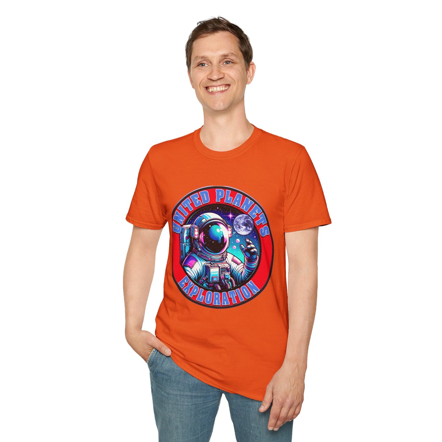 United Planets Exploration Astronaut T-Shirt, Science Themed Tee, Outer Space Shirt for Gift, Birthday, Unisex Softstyle Apparel