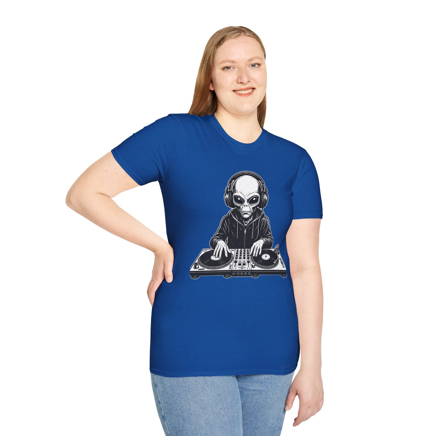 DJ Alien Graphic T-Shirt | Unisex Softstyle Tee for Music Lovers, Gifts for DJs, Cool Casual Wear, Festival Apparel, Unique Alien Design