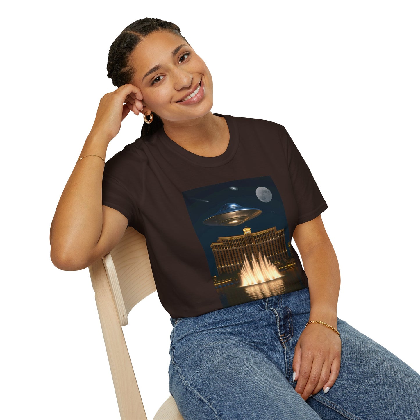 UFO over Las Vegas, Cosmic Vibes Unisex T-Shirt - UFO & Moon Design, Relaxed Fit Tee for Space Lovers, Gift for Sci-Fi Fans, Casual Wear, Everyday Essentials, t-shirt, tshirt, png