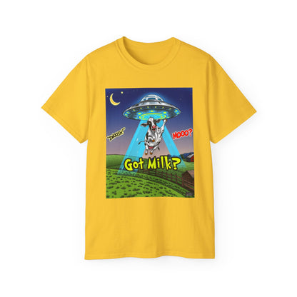Got Milk? Funny Unisex Ultra Cotton Tee - Humorous Cow and UFO Design, graphic tee, t-shirts, tshirt, png, sublimation