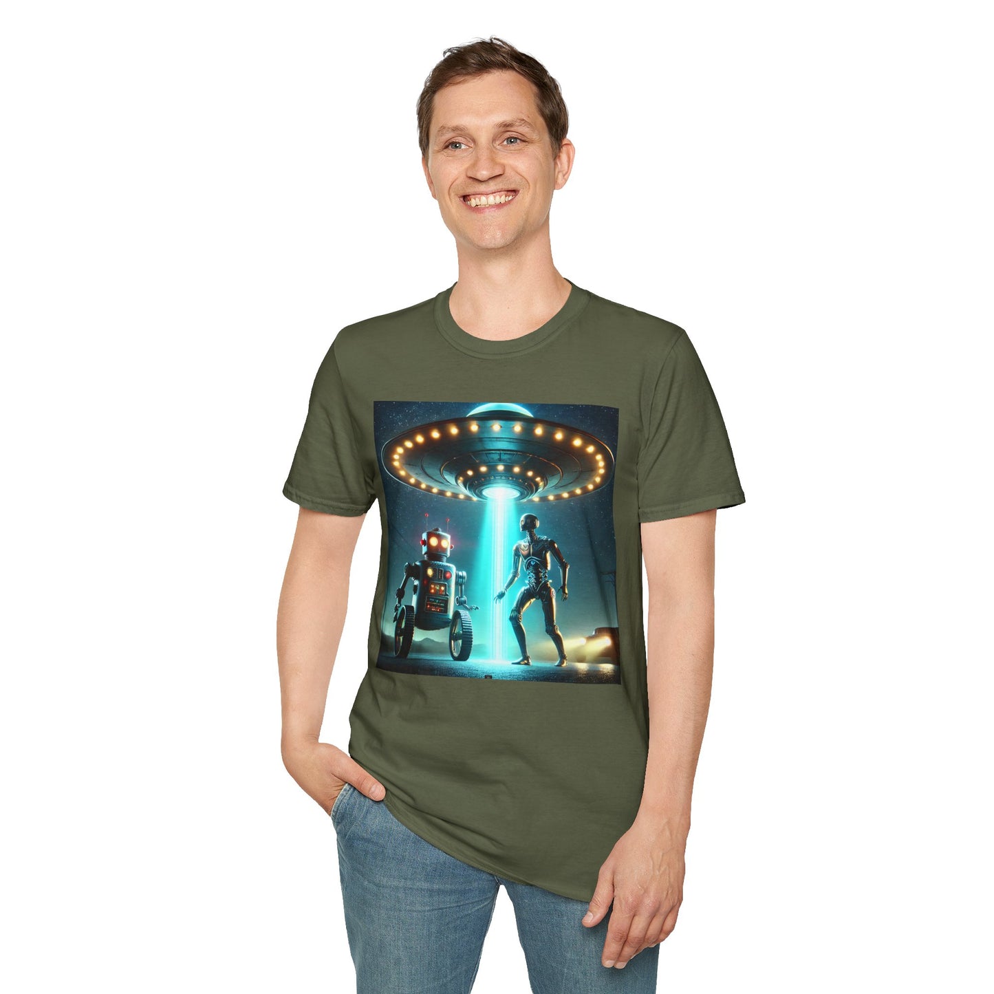 Alien Encounter Unisex Softstyle T-Shirt | Sci-Fi Fan Gift, Superhero Tee, UFO Shirt, Casual Wear, Unique Graphic T-Shirt