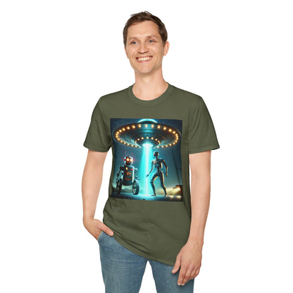 Alien Encounter Unisex Softstyle T-Shirt | Sci-Fi Fan Gift, Superhero Tee, UFO Shirt, Casual Wear, Unique Graphic T-Shirt