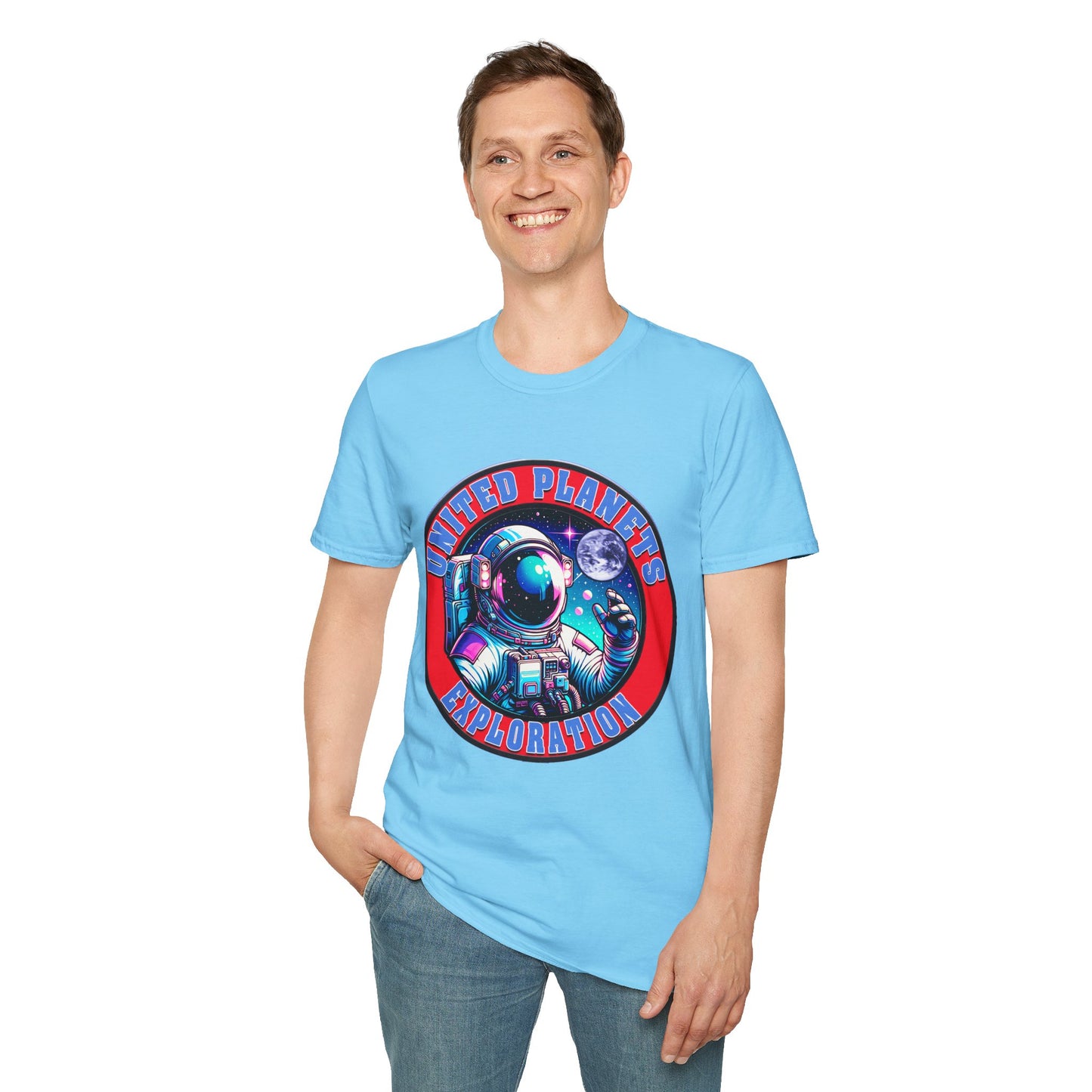 United Planets Exploration Astronaut T-Shirt, Science Themed Tee, Outer Space Shirt for Gift, Birthday, Unisex Softstyle Apparel