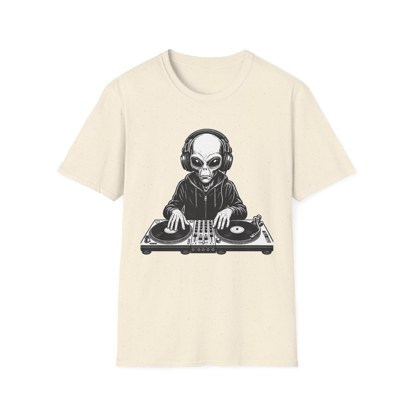 DJ Alien Graphic T-Shirt | Unisex Softstyle Tee for Music Lovers, Gifts for DJs, Cool Casual Wear, Festival Apparel, Unique Alien Design