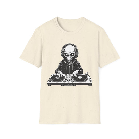 DJ Alien Graphic T-Shirt | Unisex Softstyle Tee for Music Lovers, Gifts for DJs, Cool Casual Wear, Festival Apparel, Unique Alien Design