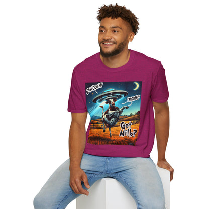 Funny Alien Cow T-Shirt - Got Milk? Unisex Soft style graphic Tee, UFO, galaxies, space, Blackhole, graphic design, png, sublimation