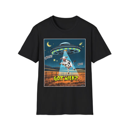 Got Milk? Cow UFO Unisex Softstyle T-Shirt – Fun Graphic Tee for Dairy Lovers, graphic tees, t-shirt, tshirt, graphic design, png