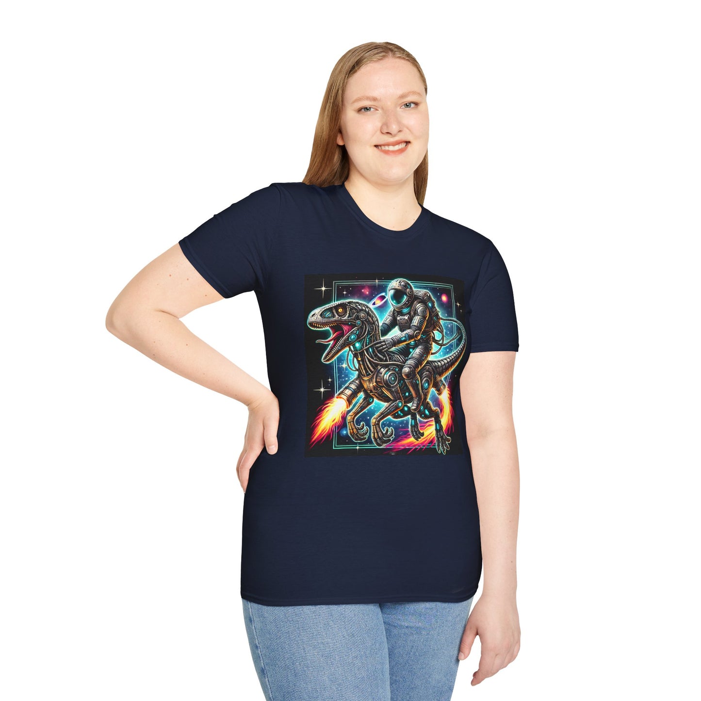 Cosmic Dinosaur Rider Softstyle T-Shirt | Fun Graphic Tee, Unique Gift, Space Lover Shirt, Sci-Fi Enthusiast Apparel