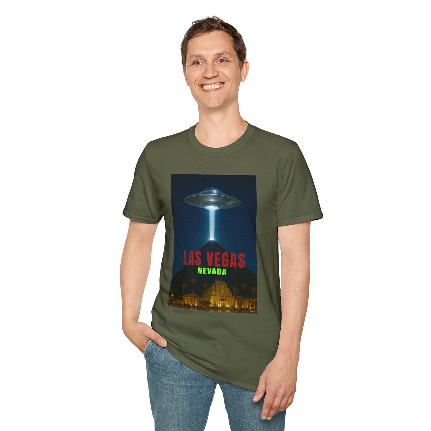 Luxor UFO, Las Vegas UFO Unisex Softstyle T-Shirt - Retro Nevada Design, graphic design, t-shirts, tshirts, tees, GraphicTees, png