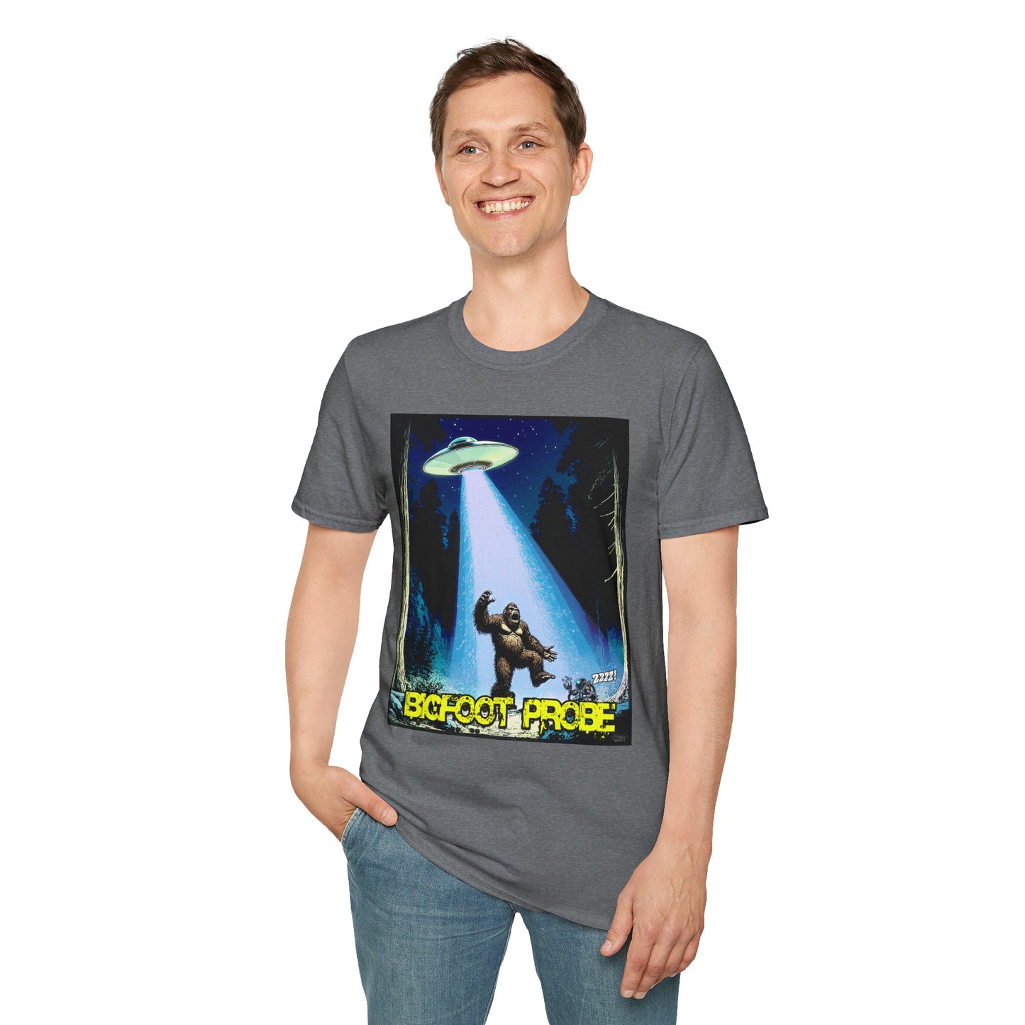 Bigfoot Probe Unisex Softstyle T-Shirt - Fun UFO Graphic Tee, Perfect Gift, Halloween, Nerd Culture, Outdoors, Alien, Graphic tees, t-shirts, Graphic design, t-shirts, tees