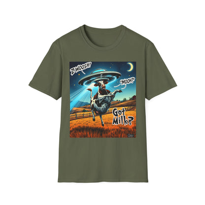 Funny Alien Cow T-Shirt - Got Milk? Unisex Soft style graphic Tee, UFO, galaxies, space, Blackhole, graphic design, png, sublimation