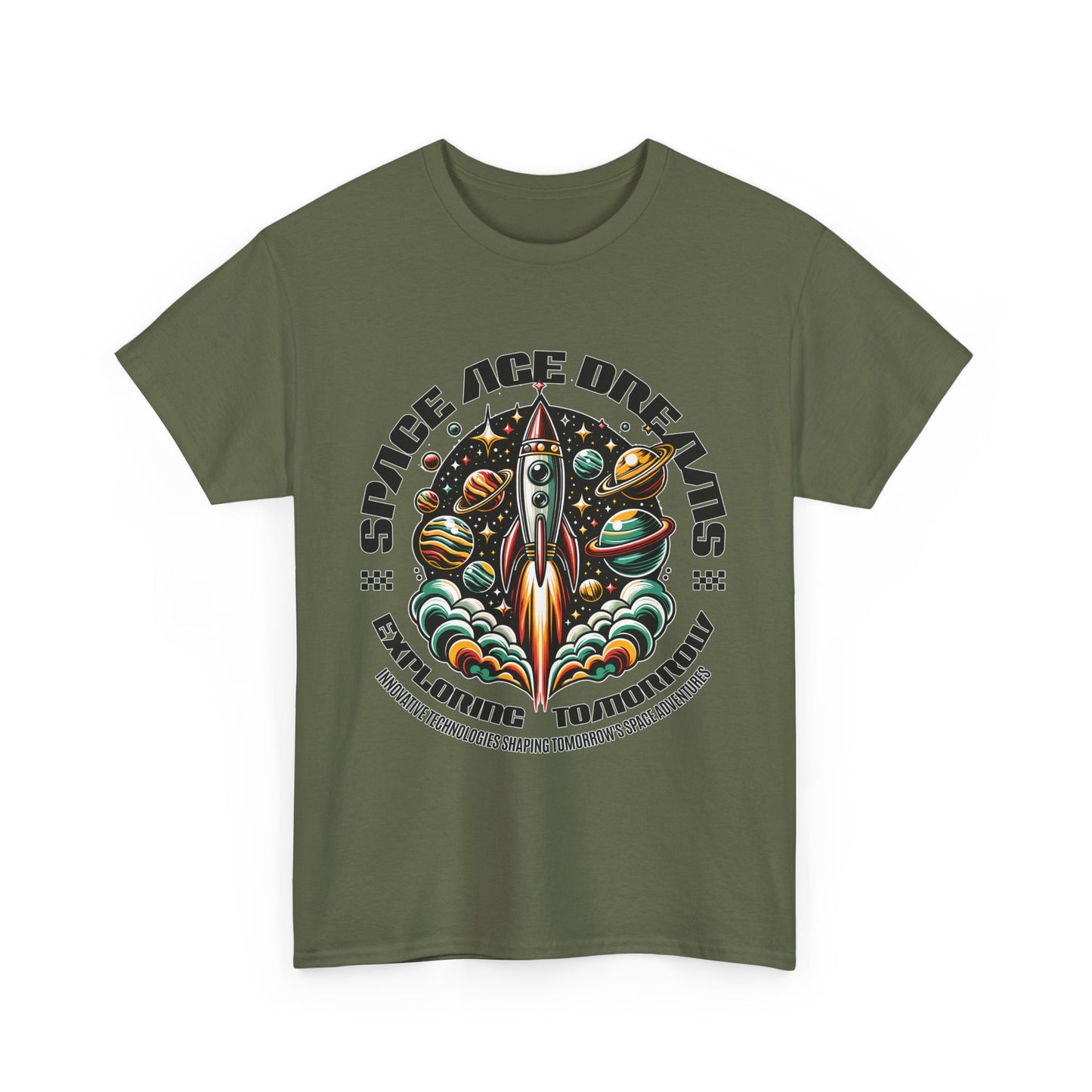 Space Age Dreams, Unisex Heavy Cotton Tee - Retro Rocket Design for Space Lovers, graphic design, png