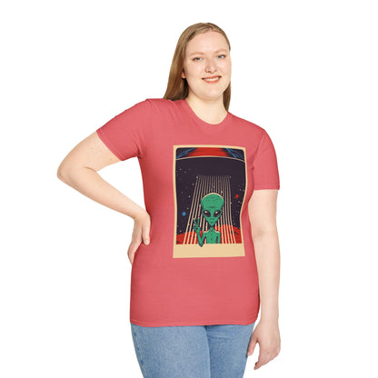 Cosmic Alien Peace Unisex Softstyle T-Shirt, Vintage UFO Tee, Space Lover Gift, Sci-Fi Fan Shirt, Trendy Graphic Tee, GraphicTees, t-shirts