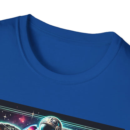 Cosmic Dinosaur Rider Softstyle T-Shirt | Fun Graphic Tee, Unique Gift, Space Lover Shirt, Sci-Fi Enthusiast Apparel