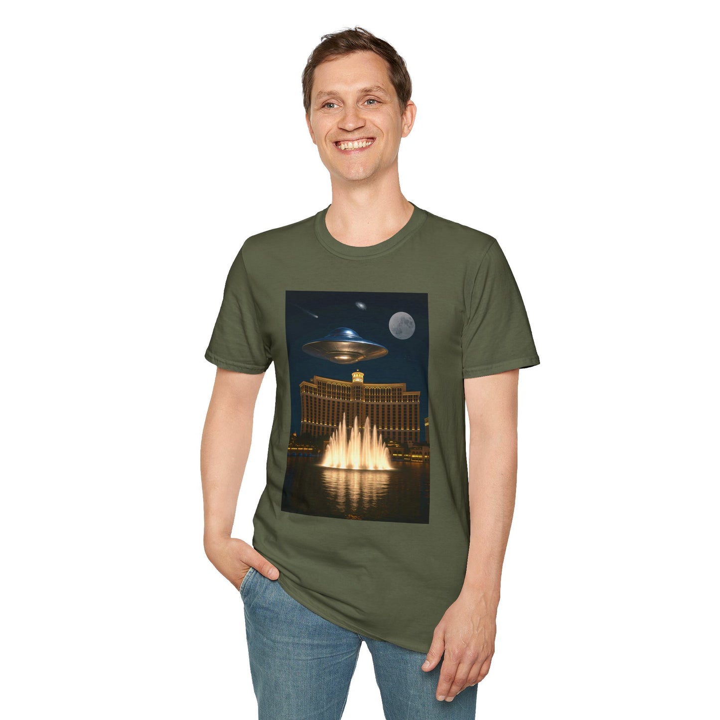 UFO over Las Vegas, Cosmic Vibes Unisex T-Shirt - UFO & Moon Design, Relaxed Fit Tee for Space Lovers, Gift for Sci-Fi Fans, Casual Wear, Everyday Essentials, t-shirt, tshirt, png