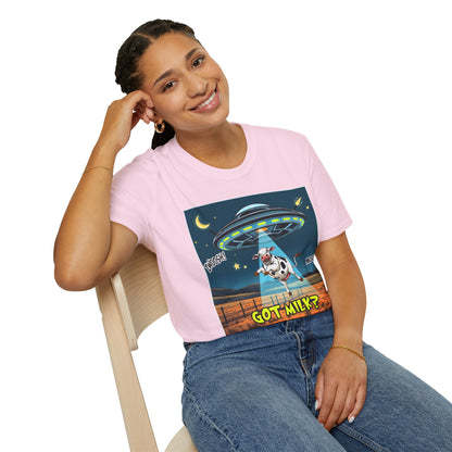 Got Milk? Cow UFO Unisex Softstyle T-Shirt – Fun Graphic Tee for Dairy Lovers, graphic tees, t-shirt, tshirt, graphic design, png