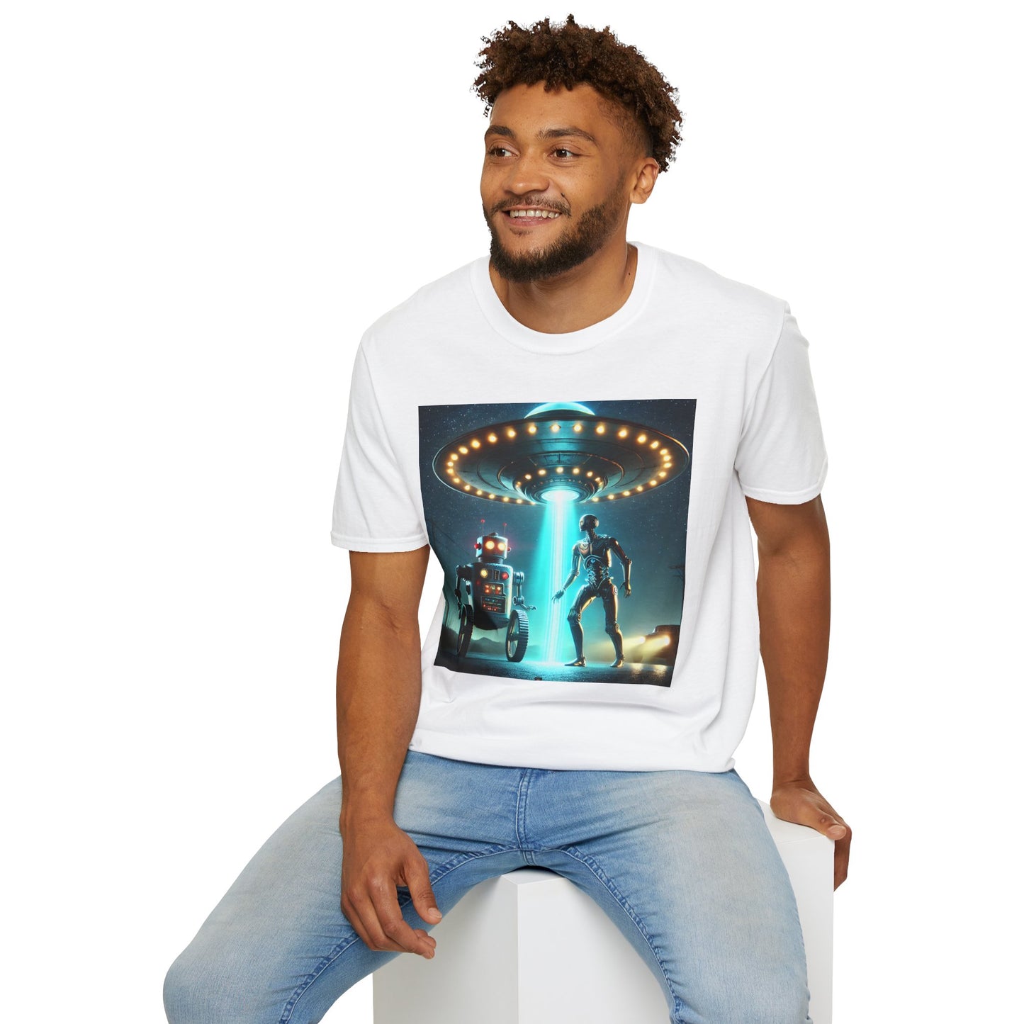 Alien Encounter Unisex Softstyle T-Shirt | Sci-Fi Fan Gift, Superhero Tee, UFO Shirt, Casual Wear, Unique Graphic T-Shirt