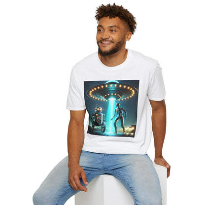 Alien Encounter Unisex Softstyle T-Shirt | Sci-Fi Fan Gift, Superhero Tee, UFO Shirt, Casual Wear, Unique Graphic T-Shirt