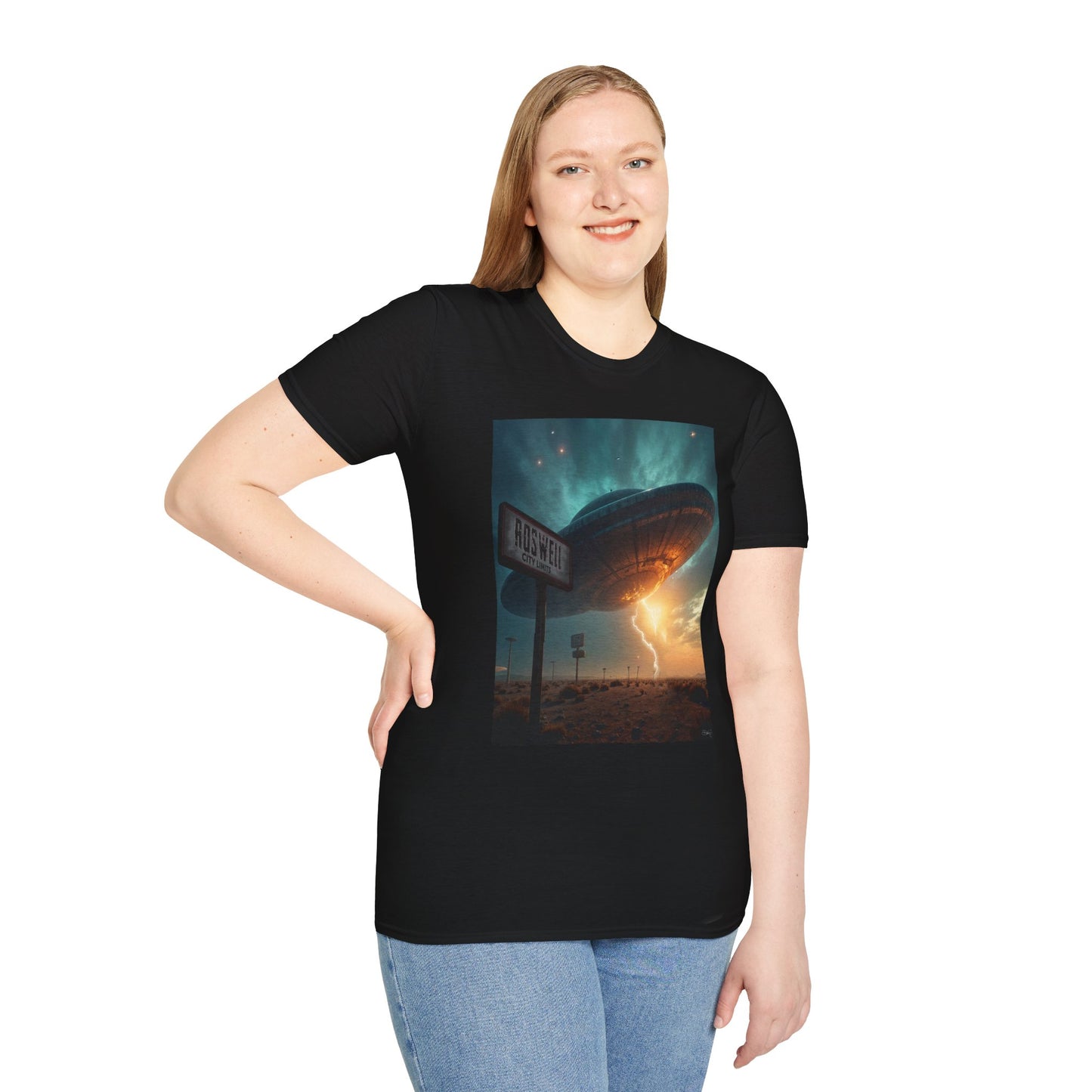 Roswell City Limits, Alien Sunset Softstyle T-Shirt | Unisex Graphic Tee, UFO Theme Shirt, Casual, Gift for Sci-Fi Lovers, Summer Fashion
