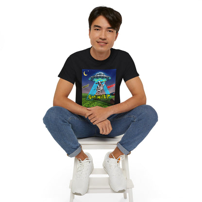 Got Milk? Funny Unisex Ultra Cotton Tee - Humorous Cow and UFO Design, graphic tee, t-shirts, tshirt, png, sublimation