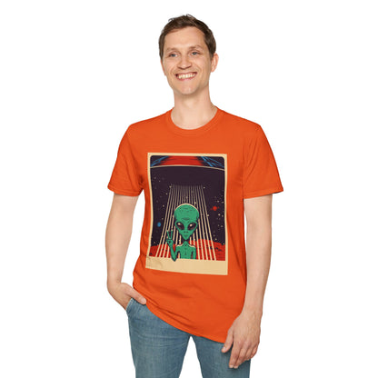 Cosmic Alien Peace Unisex Softstyle T-Shirt, Vintage UFO Tee, Space Lover Gift, Sci-Fi Fan Shirt, Trendy Graphic Tee, GraphicTees, t-shirts