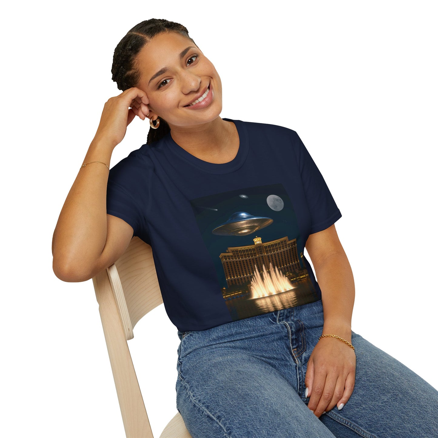 UFO over Las Vegas, Cosmic Vibes Unisex T-Shirt - UFO & Moon Design, Relaxed Fit Tee for Space Lovers, Gift for Sci-Fi Fans, Casual Wear, Everyday Essentials, t-shirt, tshirt, png