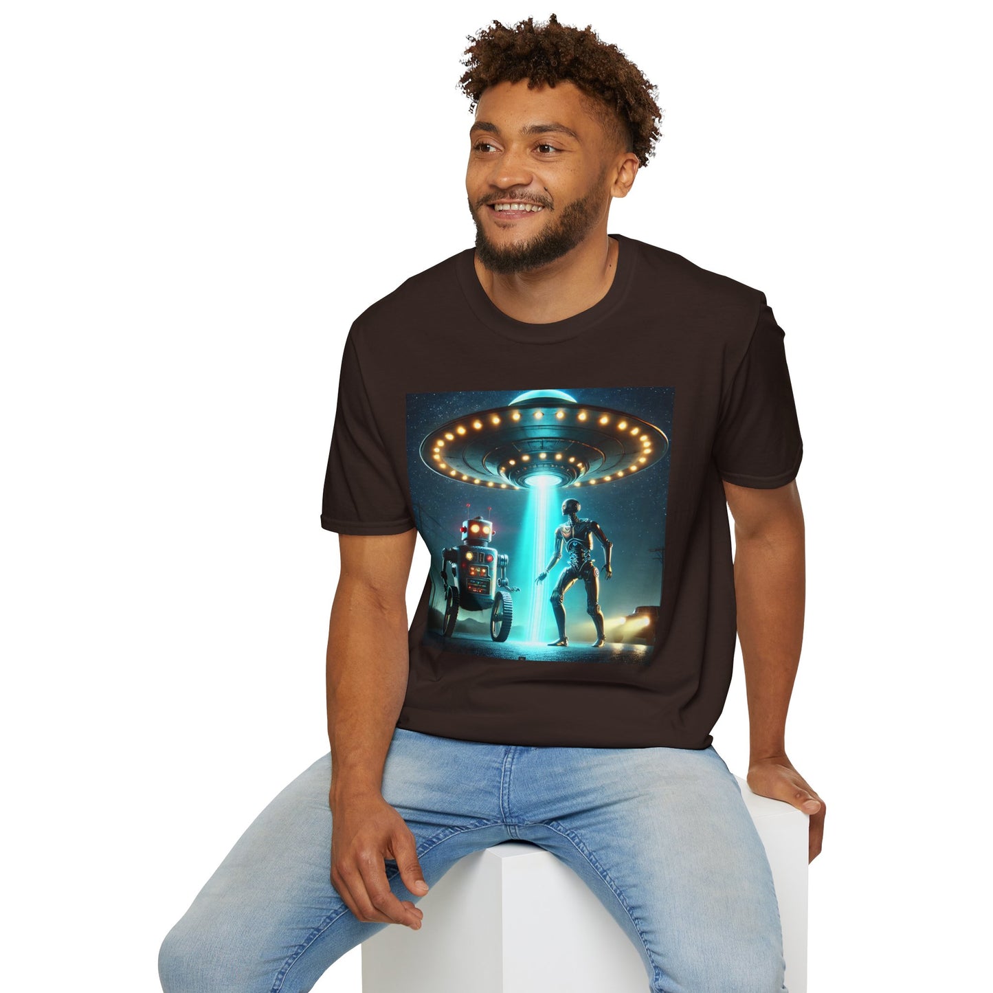 Alien Encounter Unisex Softstyle T-Shirt | Sci-Fi Fan Gift, Superhero Tee, UFO Shirt, Casual Wear, Unique Graphic T-Shirt