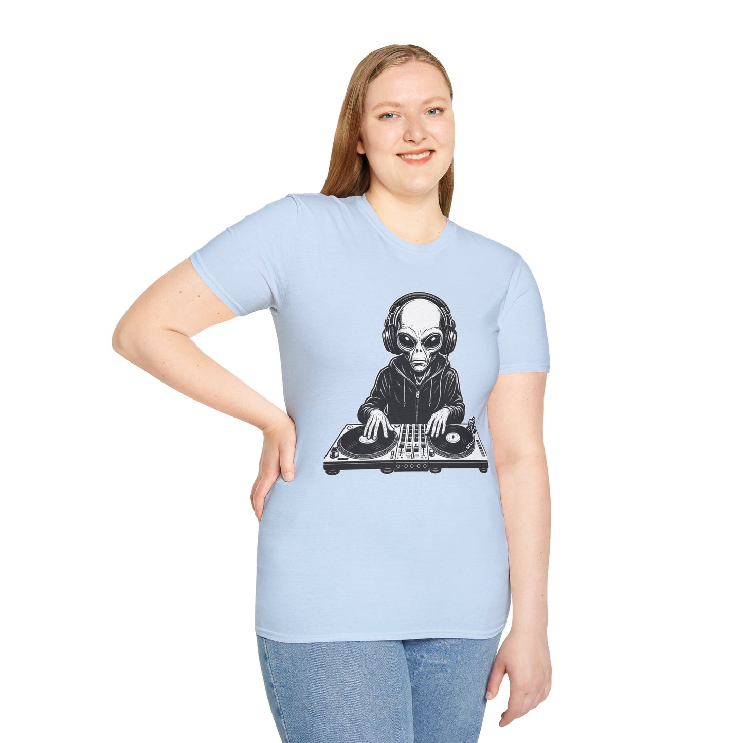 DJ Alien Graphic T-Shirt | Unisex Softstyle Tee for Music Lovers, Gifts for DJs, Cool Casual Wear, Festival Apparel, Unique Alien Design